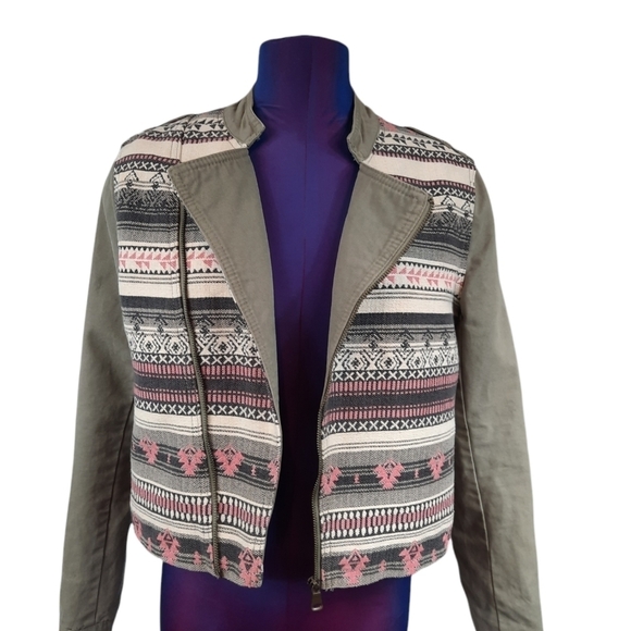 FB Sisters Moto Military Jacket Khaki w Embroidered Aztec Pattern Size Medium - Picture 9 of 13